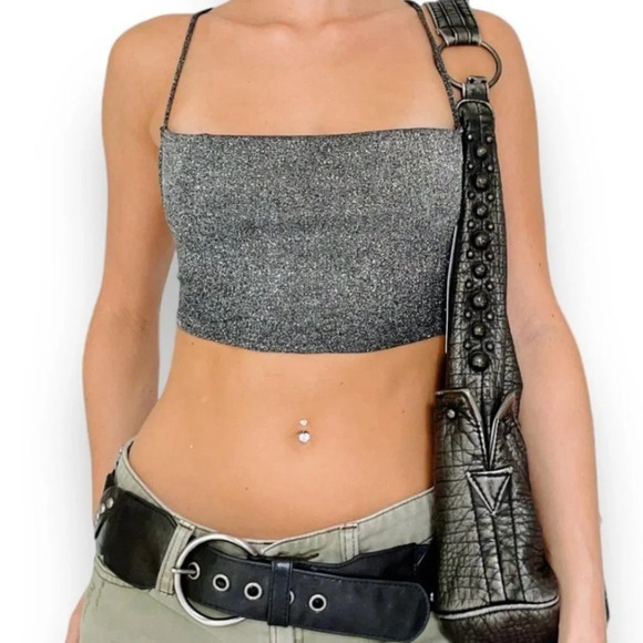 NWT Urban Outfitters Backless Crop Top Black Metallic Silver Strappy Tie Back M - Picture 1 of 13